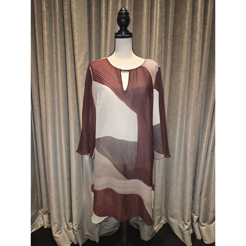 W By Worth Women Burgundy Geometric Abstract Keyhole Bell Sleeve Sheer Tunic  8